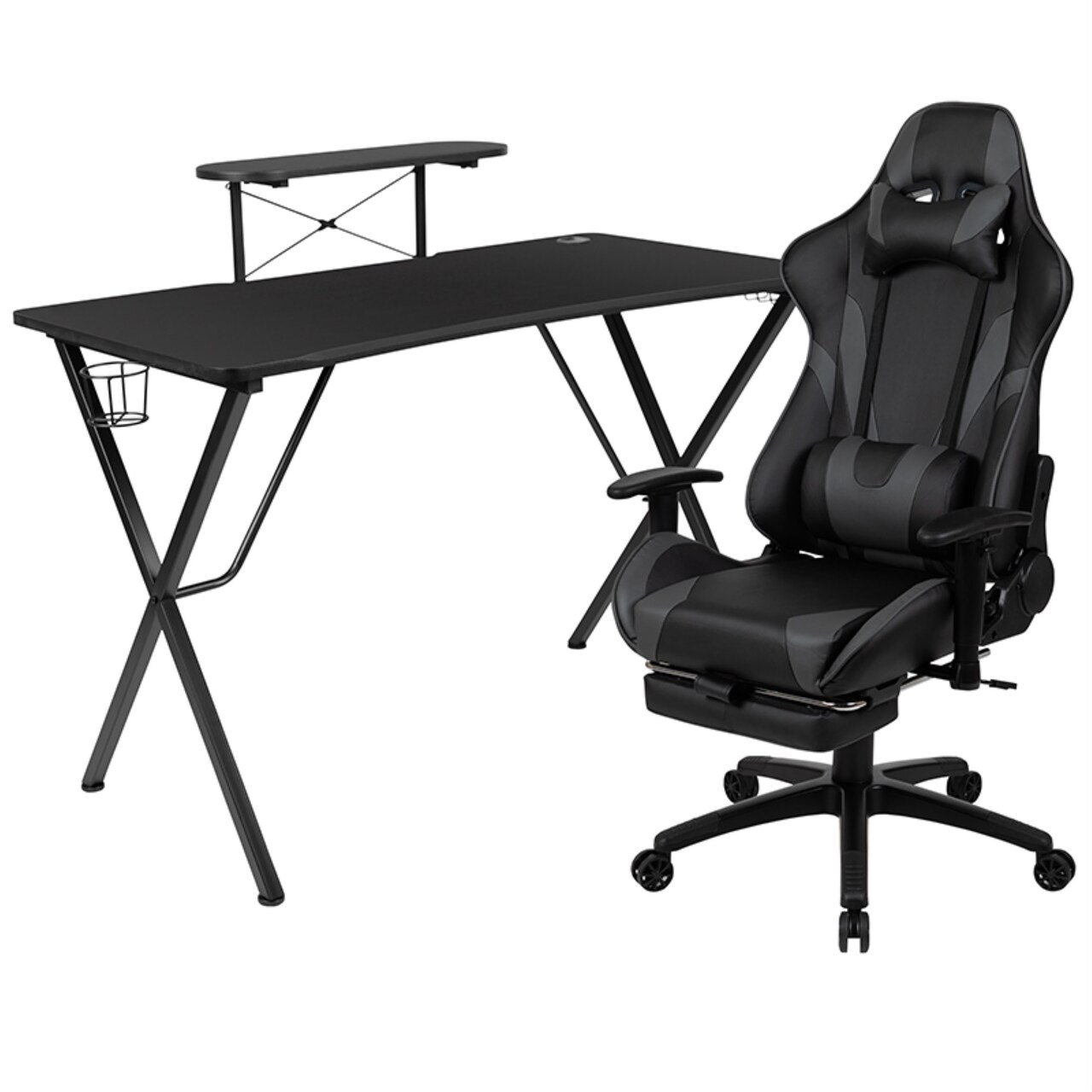 Black Gaming Desk with Cup Holder Headphone Hook and Monitor
